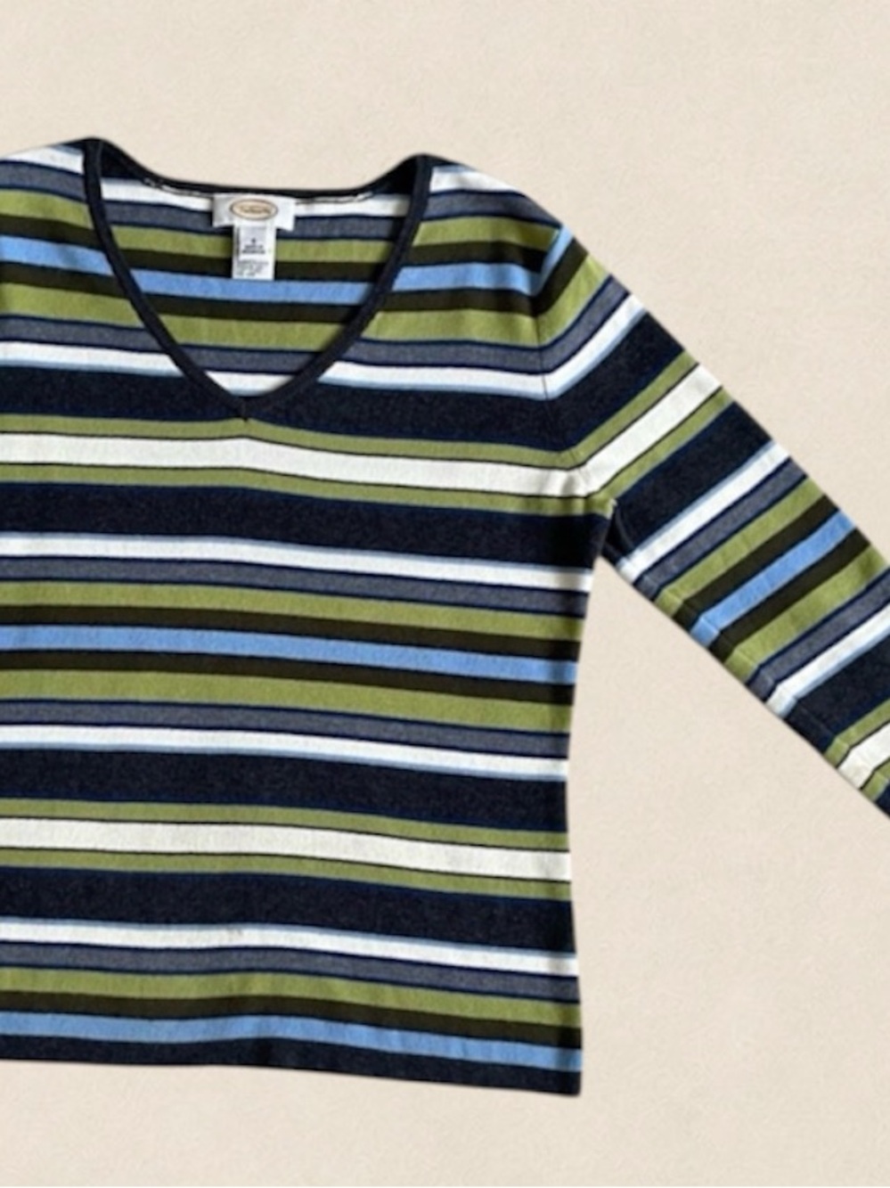 Y2k Striped V-Neck Long Sleeve Pullover Cotton Top Small Green Grey Knit
